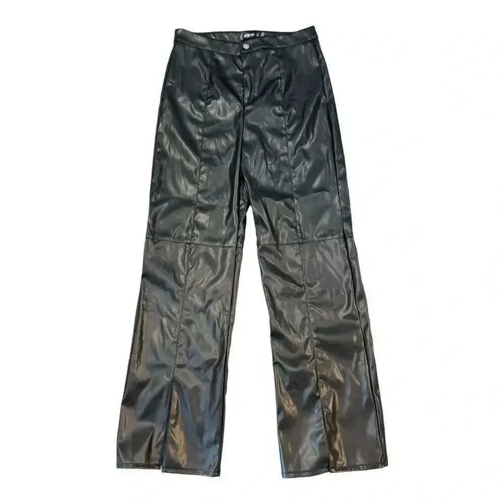 NEW Missguided Size 12 Black Faux Leather Split Front Split Leg Trouser NWT